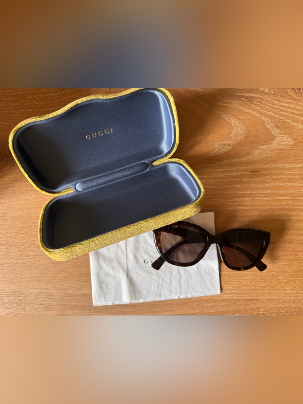 Gucci Tortoiseshell Cat Eye Sunglasses with Yellow velvet case